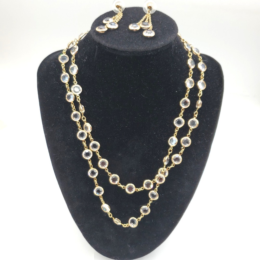 Vintage Open Back Bezel Set 34" Necklace Pierced Earrings Set